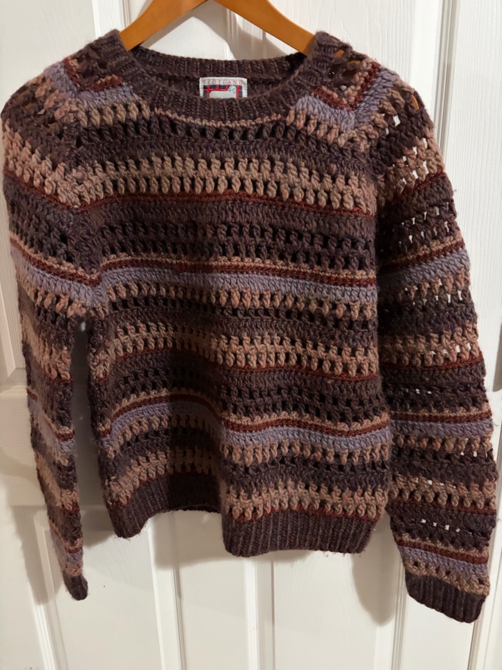 Scotland Yard Handmade Crochet-Style Brown Striped Crewneck Sweater